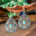 Detail of bohemian drop earrings with turquoise stone hanging on a natural wood branch - Teardrop Multi Color Enamel (HQEF-1191)