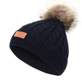 Kids navy blue cable knit beanie with a brown faux fur pom pom and leather patch - Black