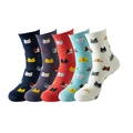 Detail showing five pairs of colorful mid-calf cotton socks with cartoon cat face patterns - Colorful Multi Cat Set