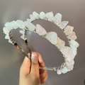 Handmade headband with white and pink raw crystals on a metallic crown-style frame - Rose Quartz Silver Wire Silver Headband