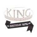 Ensemble couronne argentée King avec écharpe en satin noir Birthday King pour homme - Argent strass blanc + Tissu pailleté noir texte argenté