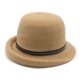 Close-up of camel knit wool bucket hat with black leather strap and metal rivet details - M(56-58cm) / Camel