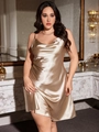 Champagne gold satin slip dress with a cowl neck and thin straps for elegant loungewear - Solid Khaki