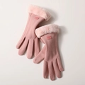 Pink winter thermal touchscreen gloves for women with faux fur cuffs and velvet lining - One Size / Pink