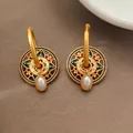 Retro cloisonne enamel floral hoop earrings with elegant hanging white pearls - T2352 Style / Retro Round Pearl Drop