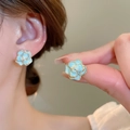 Mint green camellia tulip earrings with gold metallic trim and enamel finish - 29# Gold Edged Blue Camellia Flower Studs