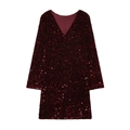 Sparkling wine red sequin long sleeve V-neck dress for women on a white background - XS / Burgundy