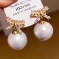 Orecchini vintage in argento S925 con fiocco, diamanti micro-pave e perle da 12 mm - 1# Orecchini a lobo con perla e fiocco bianco