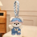 Cute white teddy bear plush keychain wearing blue denim hat and overalls - Sporty Style Denim Bucket Hat / 15cm Pendant