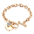 Rose gold steel cable bracelet with horseshoe clasp and sparkling pavé heart charms - Double Heart Toggle Clasp Style / Rose Gold Heart Bracelet