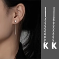 Minimalist S999 sterling silver long chain threader earrings with letter K pendant design - Letter K