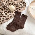 Retro dark brown leopard pattern crew socks in soft cotton knit for autumn and winter - One Size / Crew / Brown