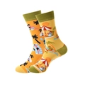 Orange and green tropical cotton mid-calf socks with beach pattern for women - One Size / Yellow/Green (Beach Vacation)