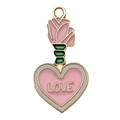 Pink heart and rose gold metal pendant with LOVE engraving for DIY jewelry making - 1Pc Perfume Bottle 28x15mm