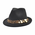Classico cappello fedora nero in lana con fascia leopardata e perle eleganti - M(56-58cm) / Nero