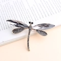 Vintage silver dragonfly brooch with large grey crystal drops and sparkling pave stones - Transparent Black