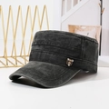 Faded black washed cotton flat top cadet cap with metal star badge decoration - Black