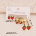 3 pairs of cute cherry and strawberry stainless steel earrings in gold finish - Style 3 (Stud & Hoop Mix)