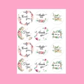 Detailed sheet of twelve floral Thank You stickers with watercolor designs on white base - Fresh Watercolor Floral / 12pcs