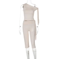Women's beige one-shoulder sleeveless top and high-waist yoga shorts two-piece set - S / Apricot