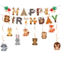 Woodland animals themed happy birthday banner set with cartoon forest creature cutouts - Fox Hedgehog Banner And Spiral Swirls