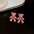 Macro shot of pink flocked bear earrings with sparkling rhinestone heart and ears - 925 Sterling Silver Pin/Flocking/Rhinestone/Alloy / Pink Flocked Rhinestone Bear Stud Earrings (HE7602)
