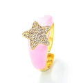 Adjustable gold star ring with sparkling crystal pavé and smooth pink enamel finish - Adjustable Open / Pink