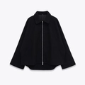 Chic black wool blend zipper jacket featuring an oversized collar and relaxed silhouette - S / Black
