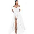Elegant white off-shoulder satin evening gown featuring a high slit for formal party wear - US 2 / White