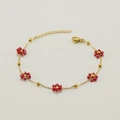 Elegant gold bracelet with delicate red floral crystal beads and small round golden beads - Bracelet / Dark Red