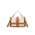 Retro small square bag with white printed canvas and brown leather trim in crossbody style - Rice White Splicing Monogram / Off White