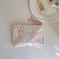 Detail of floral patchwork cotton coin purse with zipper and simple wish label - Plaid Floral Rabbit