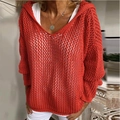 Red loose hollow-out knit hooded sweater with delicate mesh texture and long sleeves - S / Red