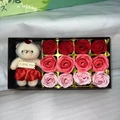 Gift set with a white teddy bear and 12 colorful soap roses in a black gift box - 12 Red Gradient Roses + Bear