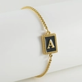 Adjustable stainless steel 18K gold plated bracelet featuring black enamel letter A charm - Letter A