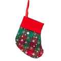 Red and green plaid knit Christmas stocking with snowflake patterns and a red hanging loop - Green Snowflake Plaid Mini Stocking