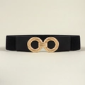 Elastic black waist belt featuring decorative gold double ring metal buckle with texture - 19556 Black