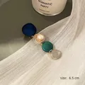 Vintage 6.5cm hair clip with navy fabric, beige stone, emerald green and silver glitter blocks - Style C Blue Mixed