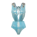 Detail van lichtblauw metallic badpak met 3D-bloemen, parels en glanzende kristalversiering - S / Tops / Blauw