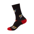 Mid-calf cotton crew socks in black featuring vibrant tiger head patterns and red heel accents - 895 Tiger Black