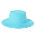 Detailed close-up showing the fine texture of this bright blue woven boater straw hat - Adjustable / Lake Blue