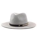 Detail shot of the gray woven fedora hat with black band and leather braided trim - M (56-58cm) / Gray