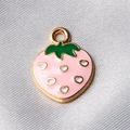 Pink strawberry charm with green leaves and gold edges for DIY jewelry making - Style 6