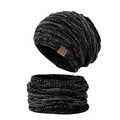 Winter knit beanie and neck warmer set in melange black, white and grey weave - Black