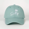 Adjustable mint green cotton baseball cap featuring embroidered Salty text and palm tree - One Size / Aqua Green