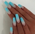 Detail of blue and pink gradient coffin press-on nails with sparkling rhinestones - Blue Pink Ombre Rhinestone Long Coffin Style (BW55)