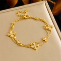 Double-layered golden stainless steel bracelet with diamond floral and oval pearl charms - Double Layer Zircon Flower And Oval Gemstone Style (B1499)