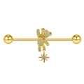 Golden stainless steel bear industrial barbell with crystal star pendant earring - Gold Pave Bear Star Industrial Barbell (#4)