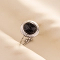 Macro shot of silver stainless steel ring with black cracked gemstone on silk - Adjustable Open (J563-S-B) / Silver-Black Stone