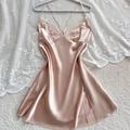 Champagne pink satin slip nightdress with delicate white lace trim and thin straps - S / Champagne